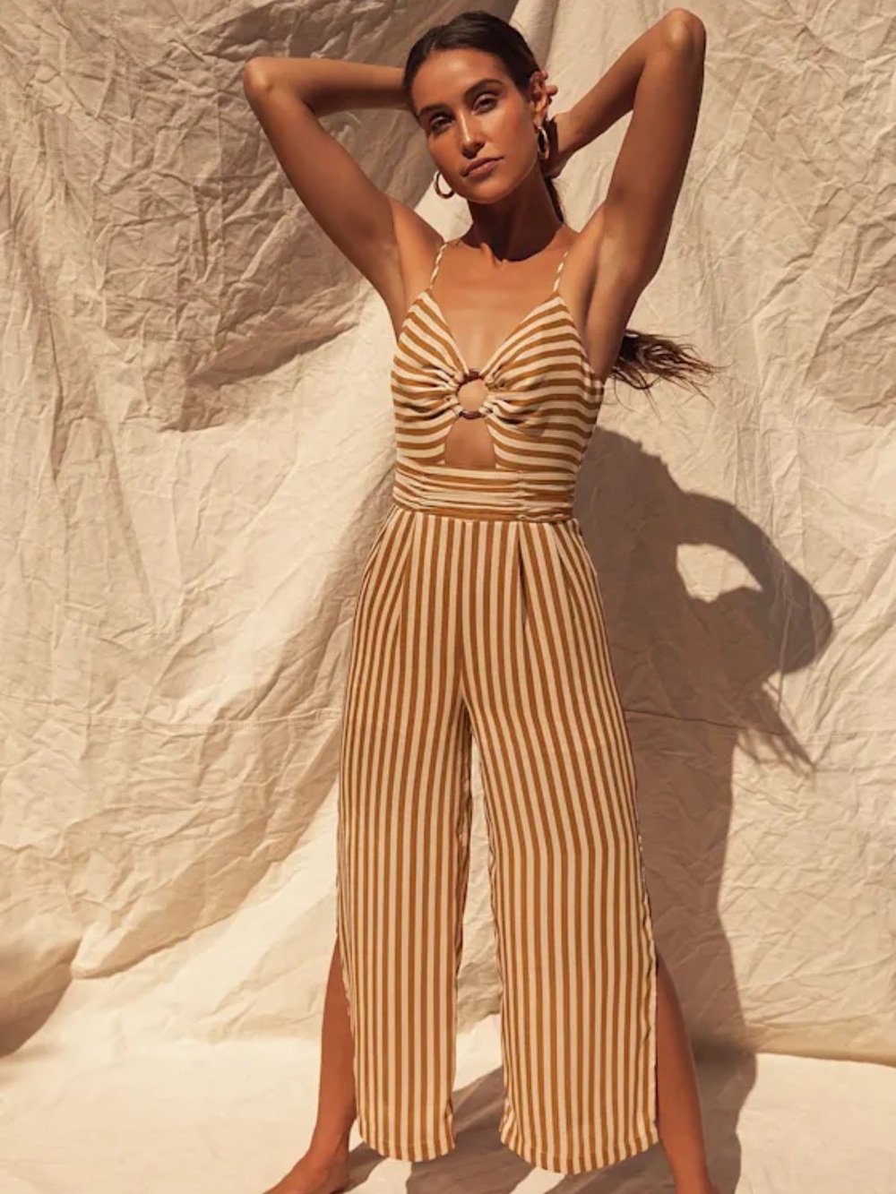 Moon River Ettna Mustard Yellow Striped Cutout Front Wide-Leg Jumpsuit NEW Small